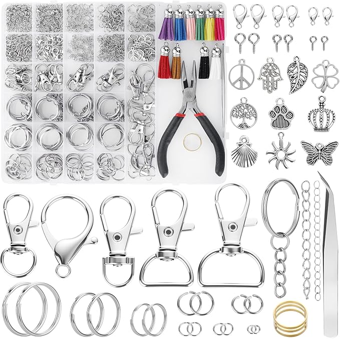 funtopia 740pcs keychain making kit, key chain supplies including keychain clip, key rings, lobster claw clasps, jump rings, pliers, tassels for key chain making, purse making, lanyard making