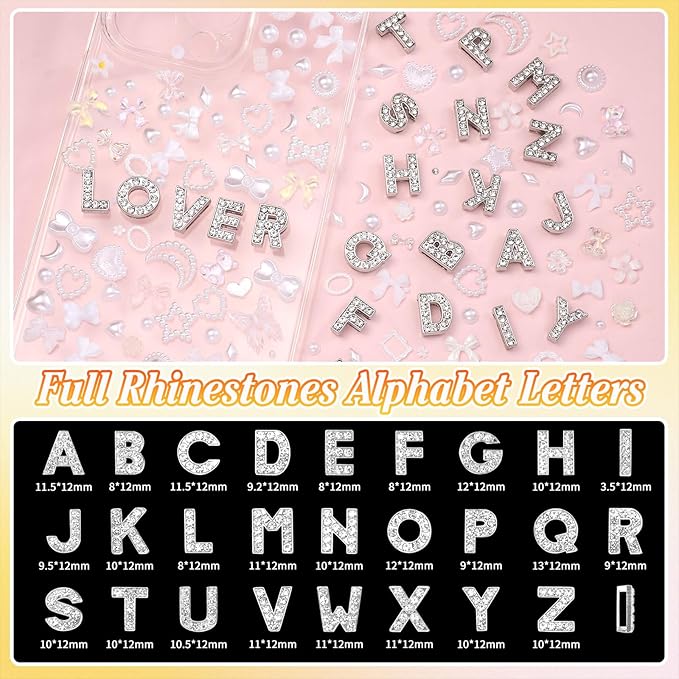 330 Pcs Junk Phone Case Charms 26 Pcs A-Z Rhinestone Alphabet Letter Charm, Mix White Flower Bow Heart Pearls Flatback Resin Charms Letter Junk Cases Kit for DIY Crafts