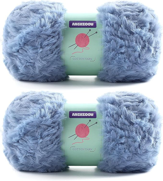 2 Skeins Faux Fur Yarn Soft Fluffy for Crocheting - Chunky Fuzzy Yarn for Crochet Amigurumi, Hat, Shawls, Total Length (71x2) Yards (Blue Gray)