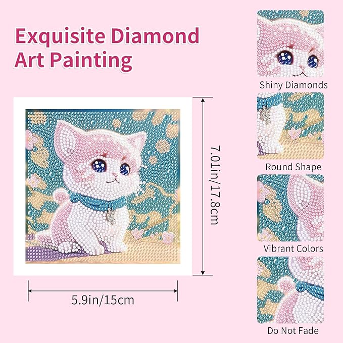 PERFECTSIGHT Cute 5D Diamond Art Kits with Wooden Frame, Kawaii DIY Painting Art for Adults Teen, Diamond Arts and Crafts Sets, Big Gem Full Drill Diamond Dots for Women Beginners (White+Pink Cat)