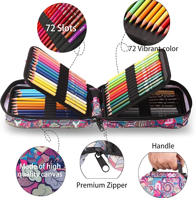 KALOUR 72 Colored Pencils for Adult Coloring Book,With Coloring Book,Zipper Slot Pencil Case,with Sharpener,Soft Core,7 Metallic Color,Ideal for Layering Blending,for Artists Beginners Kids(Pink)