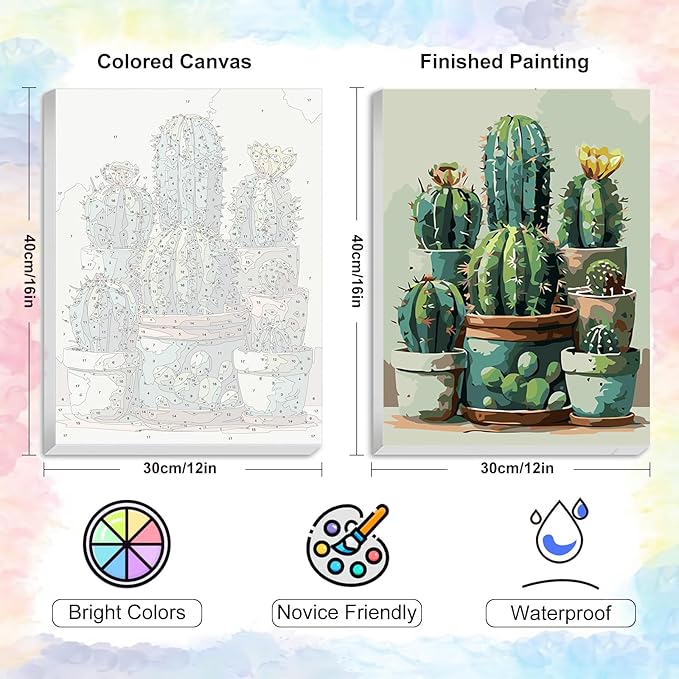 Yezavesu Cactus Framed Paint by Numbers Kit for Adults Beginner, 12x16 Inch Cactus Paint by Numbers with Frame, DIY Number Painting for Adults Plant for Home Wall Decor Gift