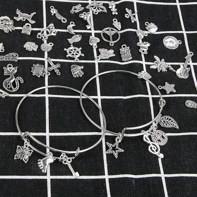 Charm Bracelet Making Kit,UPINS 30Pcs Silver Expandable Blank Bracelets Adjustable Wire Bangles with 100Pcs Tibetan Silver Charms, 200Pcs Open Jump Rings for Jewelry Making