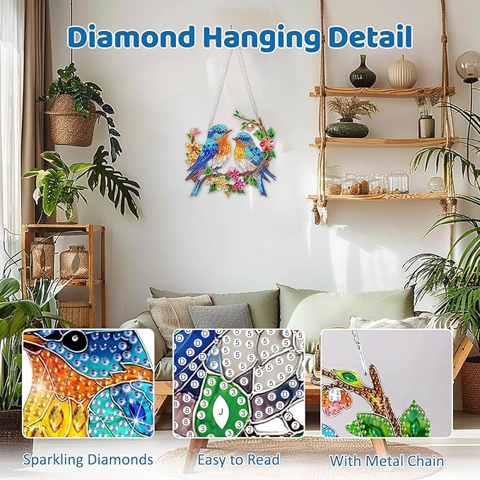 MEIYUDA Bird Diamond Art Hanging Kits for Adult, Glass Flowers Bird Diamond Painting Hanging Kits Ornaments, DIY Special Shaped Rhinestone Window Pendants kit for Home Garden Wall Decor Gift