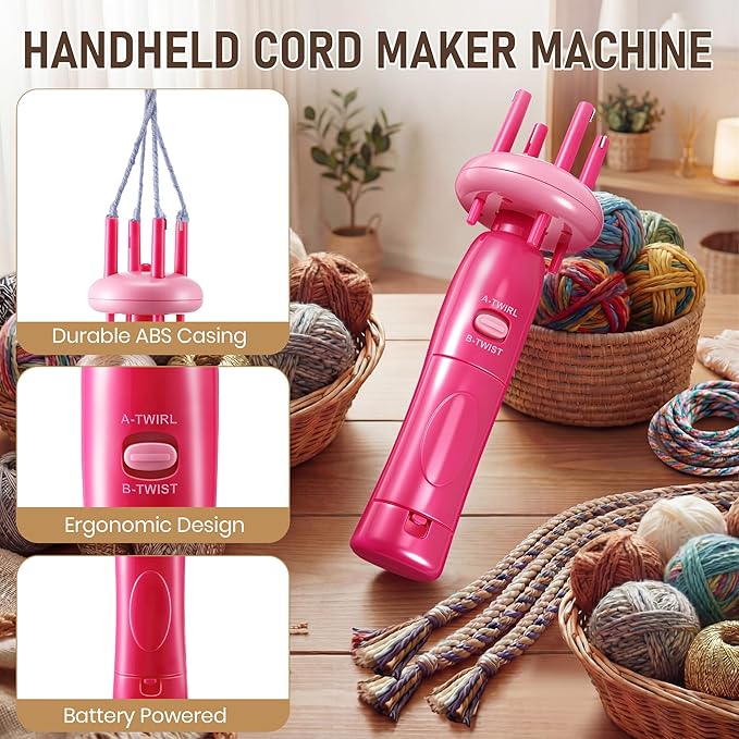 Gulfmew Portable Cord Maker & Fringe Twister, Handheld Yarn Crafting Tool for DIY Macrame & Knotting, Lightweight & Beginner-Friendly, Twisting Tassels in Seconds for Scarves(Pink)