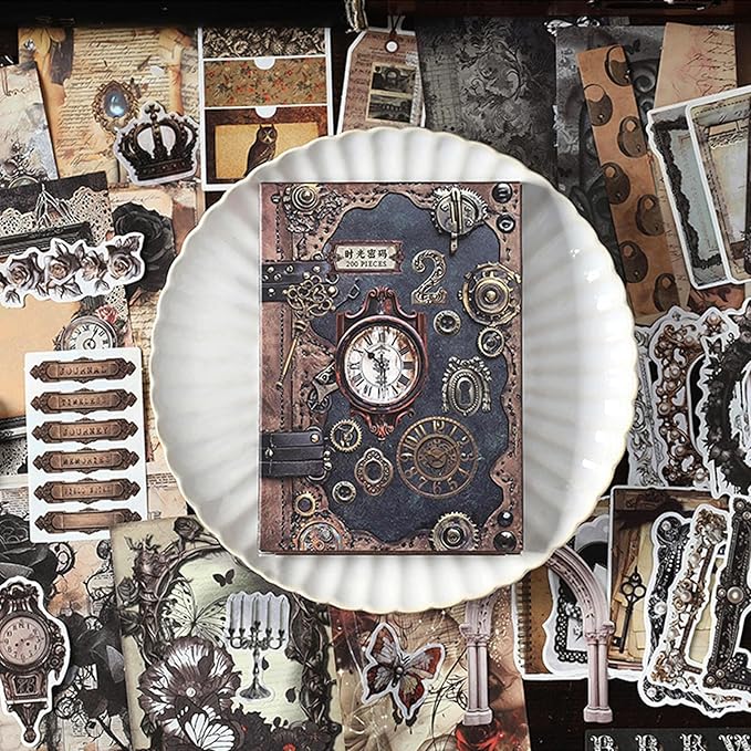 200PCS Vintage Scrapbook Paper Journaling Scrapbooking Supplies Kit Retro Decorative Craft Paper Assorted for Bullet Junk Journals Card Making Craft DIY, Time Code