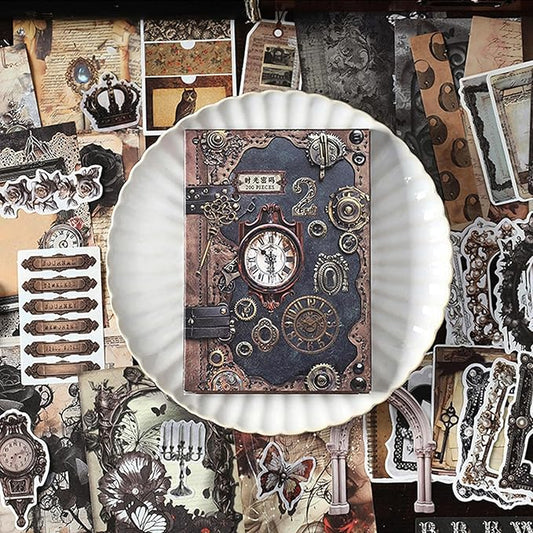 200PCS Vintage Scrapbook Paper Journaling Scrapbooking Supplies Kit Retro Decorative Craft Paper Assorted for Bullet Junk Journals Card Making Craft DIY, Time Code