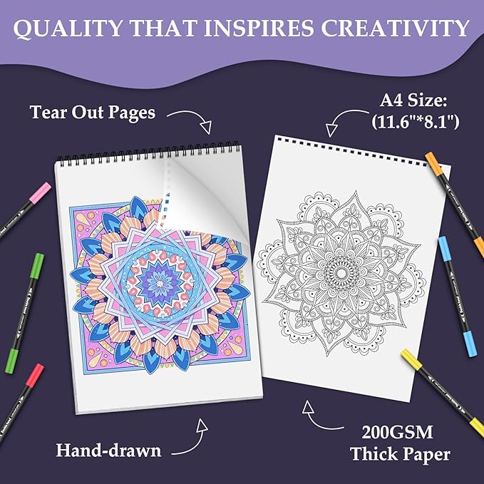 Mandala Coloring Book for Adults Relaxation, 24 Patterns Adult Coloring Books for Women Stress Relief, Inspirational Gift for Women & Men, Spiral Bound Mindfulness Coloring Book, Single-Sided Print