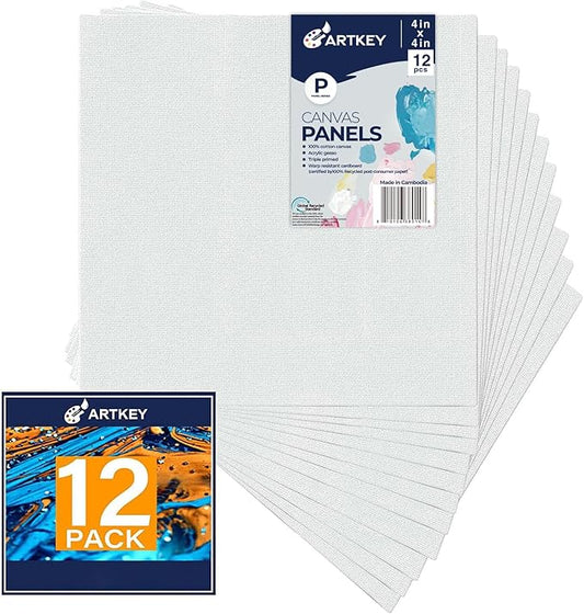 Canvas Panels 4x4 Inch 12-Pack, 10 oz Primed 100% Cotton White Blank Small Canvases for Painting, Square Flat Canvas Board for Oil Acrylics Watercolor & Tempera Paints