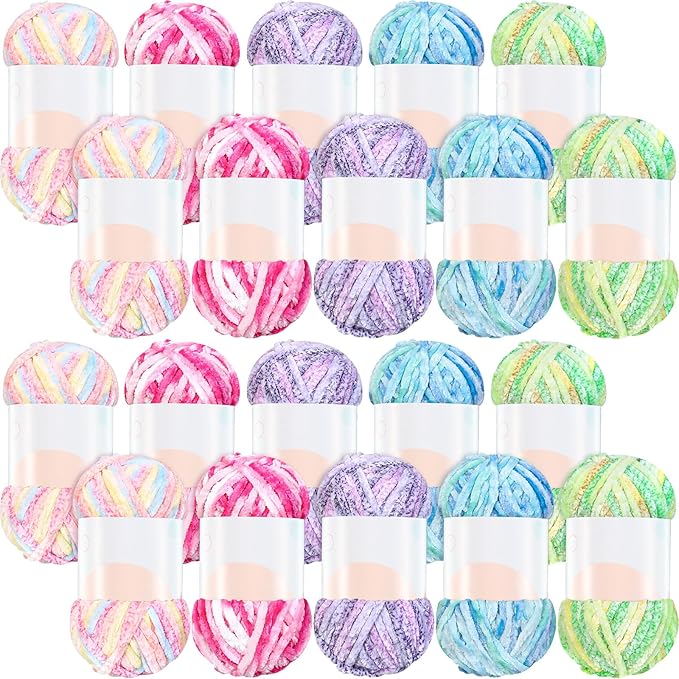 Woanger 20 Skeins Soft Chenille Yarn Velvet Blanket Yarn for Crocheting Hand Knitting Weaving DIY Craft, 93 Yards Each (Fresh Color)