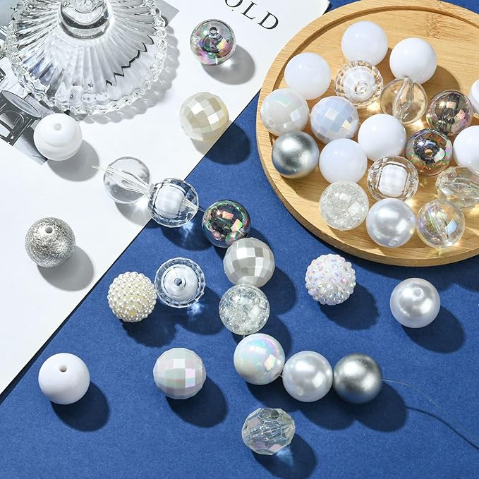Ipotkitt 50 Pcs 20mm Acrylic Bubblegum Beads Round Spacer Loose Beads White Theme Disco Ball Chunky Rhinestone Beads for Pen Bag Chain Jewelry Making