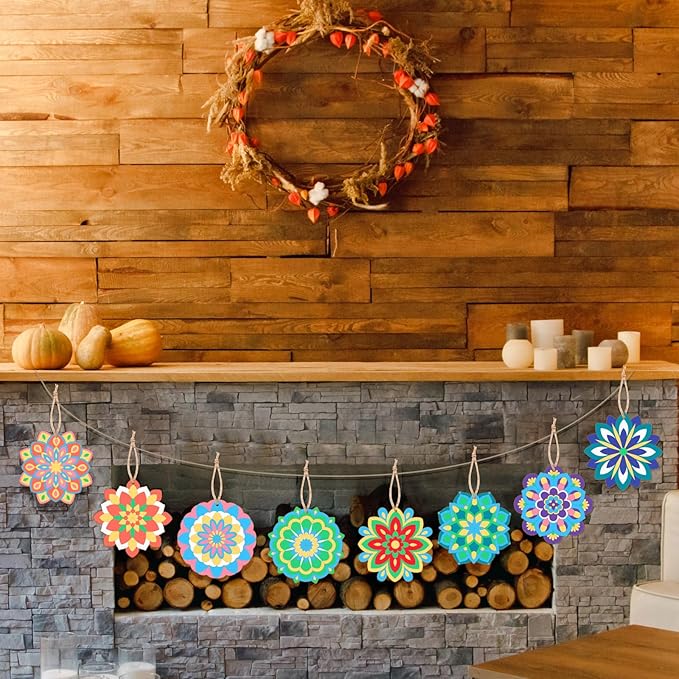 Blosssound 40 Pcs Unfinished Wood Mandala to Paint Wooden Mandala Painting Crafts Diwali Art Slices for Adult to Relax Painting DIY Crafts Ornament Wedding Home Decorations, 4 Inch(Fresh)