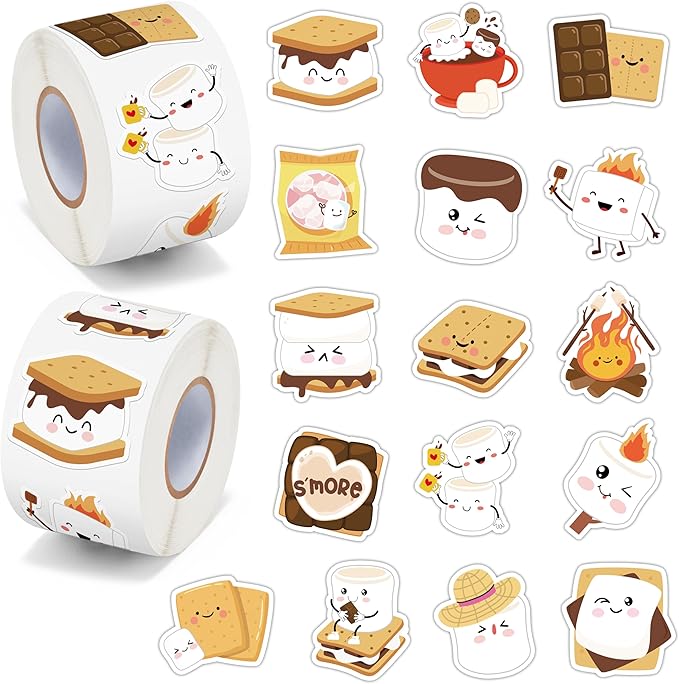 beyumi cute marshmallow sticker roll - 1000pcs smores stickers in 2 rolls waterproof vinyl marshmallow themed funny expression decals for gift party laptop bottle scrapbooking envelope decor for kids