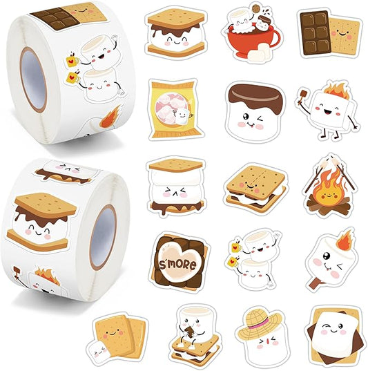 beyumi cute marshmallow sticker roll - 1000pcs smores stickers in 2 rolls waterproof vinyl marshmallow themed funny expression decals for gift party laptop bottle scrapbooking envelope decor for kids