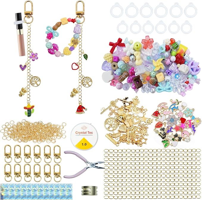 LEIOSAGN 531pcs Lip Gloss Keychain Jewelry Making Kit with 12 Keychain Clips, 12 Extender Chains, 60 Charms, 180 Mixed Acrylic Beads, 12 Silicone Rings, Jump Rings, Wire, Plier, Resealable Pouch Bags