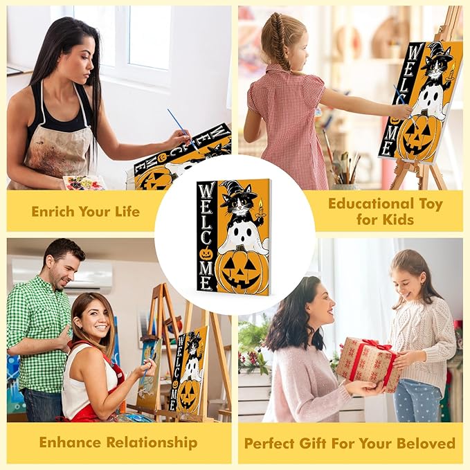 Bowetile Halloween Framed Paint by Numbers for Adults Kids, Adults' Paint-by-Number Cat Kits on Canvas, Easy Acrylic Pumpkin Number Painting Ghost Crafts Kits Halloween Gifts for Home Decor, 8x12in