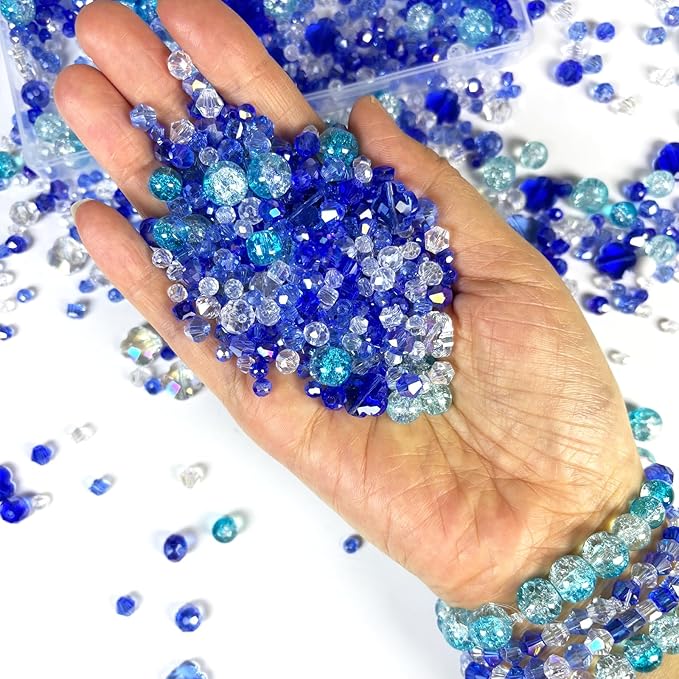 1000Pcs Glass Beads for Jewelry Making Crystal Beads for Bracelet Craft Necklace Earring Making Assorted Color 5 Style/Crackle Round/Briolette Faceted/Bicone/Cube/Four-Leaf Clover / 4 Size