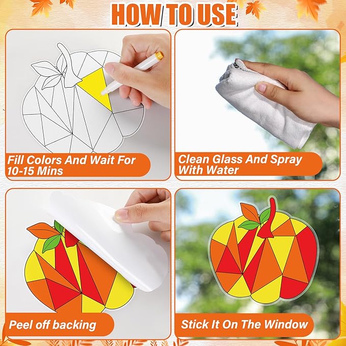 Qyeahkj 30Pcs Thanksgiving Pumpkin Fall Suncatchers Craft Kit DIY Coloring Maple Leaves Art Craft Autumn Window Cling Sticker Window Ornaments Decor Gift for Activities