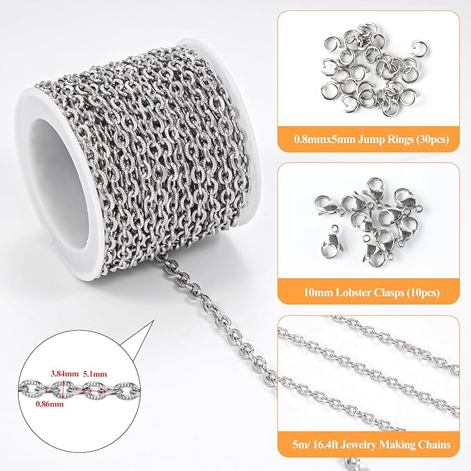 YOUBEIYEE 16.4 Feet Jewelry Chains Bulk Stainless Steel Silver Oval Links Chain for Jewelry Making Women Necklace DIY Jewelry Supplies Findings