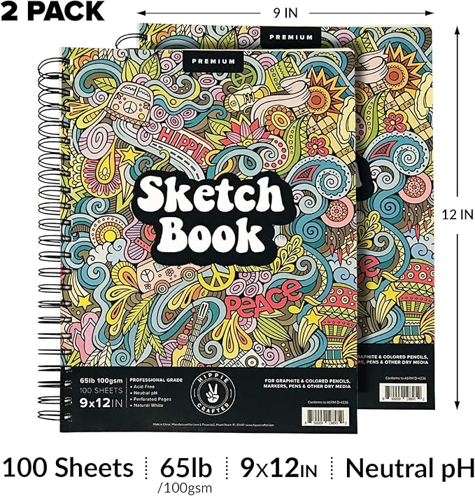 hippie crafter marker sketch book - 2 pack 9 x 12 inches spiral-bound sketchpad, 100 sheets, 65lb paper for drawing & markers, ideal for adults, artists