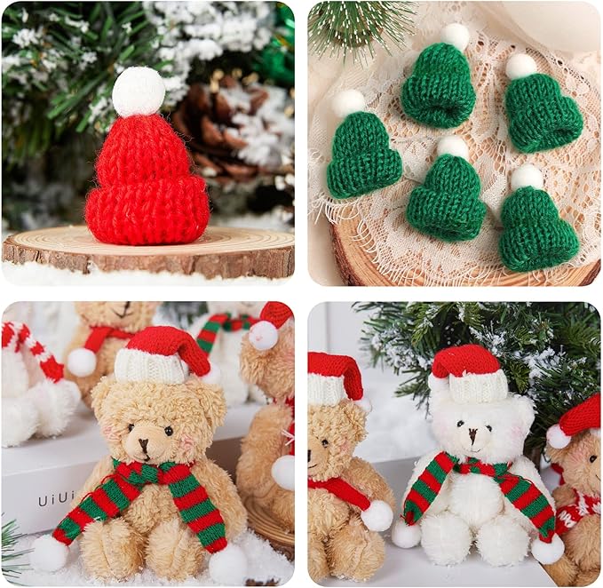 30 Pcs Mini Knit Hats and Christmas Scarves Set with 20 Pcs Black Plastic Miniature Top Caps for Tree Ornaments, DIY Art Crafts, Snowman Doll