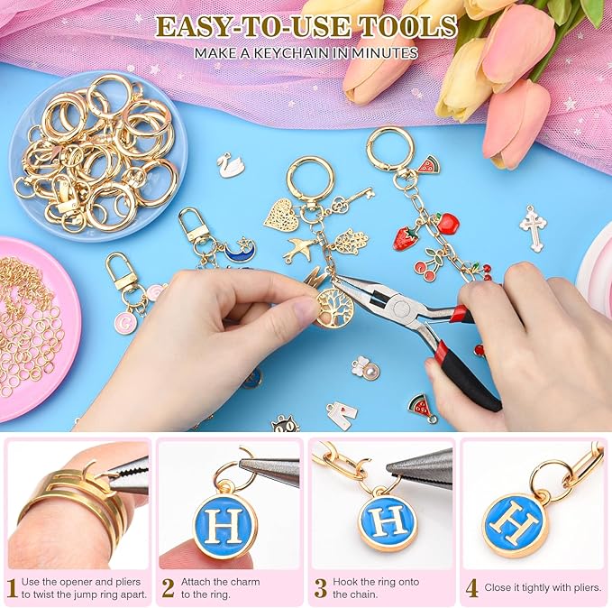 656Pcs Keychain Making Kit: Gold Jewelry Making Supplies Including 198 Charms 30 Keychain Clips with Organizer Box, Lip Gloss Key Chain Kits, Cute Bag Charm Kit for Backpacks DIY Crafts Accessories