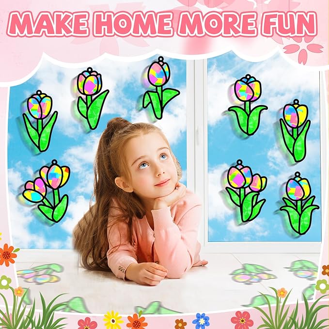 Lonfliness 32 Sets Spring Tulip Suncatchers Craft Kit DIY Window Stained Glass Effect Colorful Tulip Paper Crafts Home School Classroom Decoration Birthday Gift Creative Art Project & Activity Game