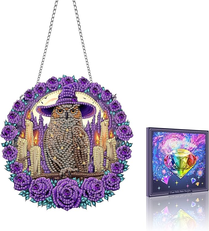 VAIIEYO Owl Diamond Art Hanging Ornament, Animal Rose Diamond Painting Suncatchers Window Hanging Kit with Chain, 7.5x7.5 inch Crystal Pendant Art Craft for Gift Home Wall Front Door Decoration