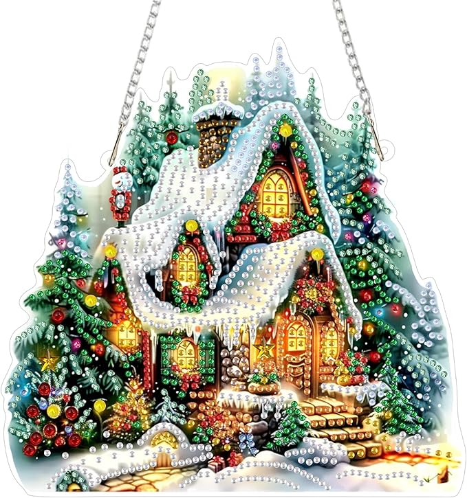 SENQAO Christmas House Diamond Art Hanging Kits for Adults Kids, Christmas Diamond Art Suncatchers, 5D Special Shape Diamond Painting Pendant Window Ornament Gifts for Home Garden Door Wall Decor