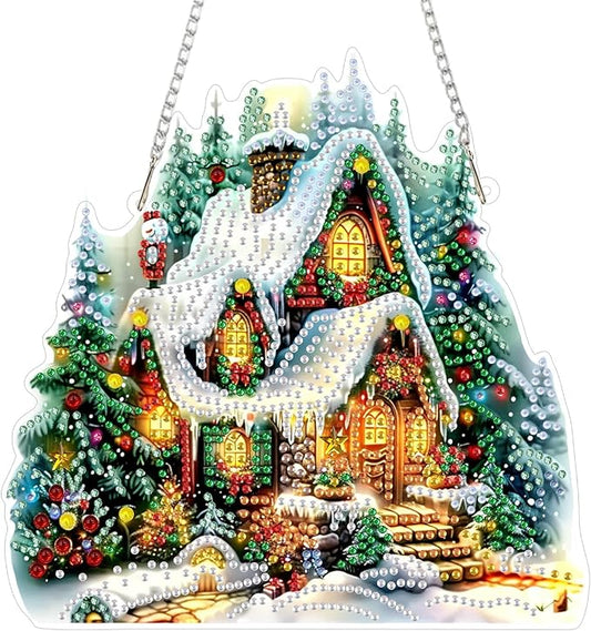 SENQAO Christmas House Diamond Art Hanging Kits for Adults Kids, Christmas Diamond Art Suncatchers, 5D Special Shape Diamond Painting Pendant Window Ornament Gifts for Home Garden Door Wall Decor
