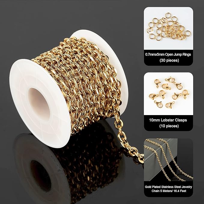 YOUBEIYEE 16.4 Feet Gold Plated Jewelry Making Chain 304 Stainless Steel Cable Necklace Link Chain with Open Jump Rings and Lobster Clasps Jewelry Supplies Findings