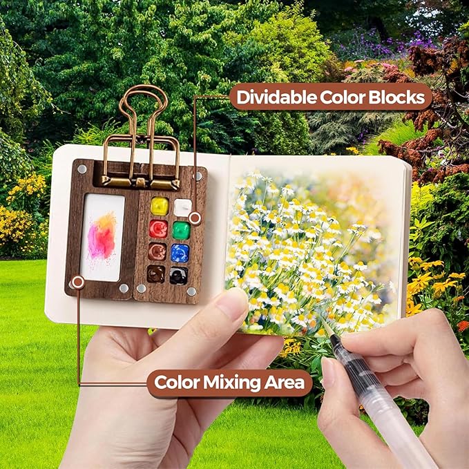 Joyzan Mini Watercolor Travel Paint Set, Portable Water Color Painting Pocket Kit Artist Watercolour 12 Colors 8 Grids Palette Binder Clips Sketchbook Pens Painter Beginner Sketchers Outdoor Student