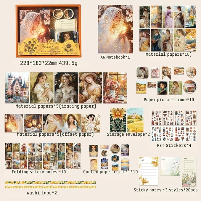 Cullevo Retro Scrapbooking Kit – Old Time Dream Edition, 124 PCS Vintage Scrapbook Supplies with Washi Tape, Floral Stickers, A6 Grid Notebook for DIY Bullet Journaling & Planner Crafts Gift