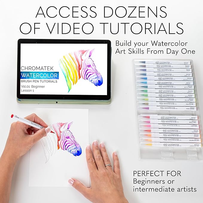 CHROMATEK 22 Watercolor Pens Set | 2 Aquapens & 20 Unique Colors | Brush Pens | Easily Blendable, Vivid, Smooth | Professional Art Supplies