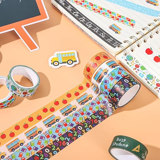 Whaline 12 Rolls Back to School Washi Tape First Day of School Colorful Washi Masking Tape Apples Book School Bus Decorative Paper Adhesive Stickers for Scrapbook Gift Wrapping DIY Art Crafts, 16.4Ft