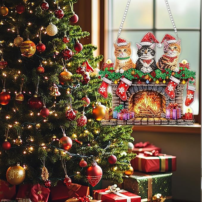 SENQAO Cat Diamond Art Hanging Kits for Adults Kids, Christmas Diamond Art Suncatchers, 5D Special Shape Diamond Painting Pendant Window Ornament Gifts for Home Garden Door Wall Decor