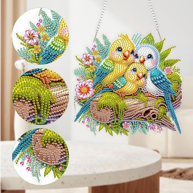 QENSPE Diamond Painting Art Hanging Kits for Adults, 5D Three Birds Diamond Paingting Ornaments with Chain, DIY Flowers Crystal Window Pendants for Home Wall Decor Double Sided Gift 8X8 inch