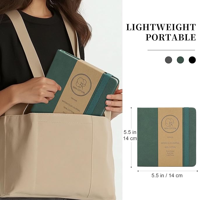 Vienrose Watercolor Sketchbook, 5.5"x5.5" Watercolor Journal with 24 Sheets 48 Pages 140 LB (300 GSM) Cotton Watercolor Paper, Green Leather Cover Water Coloring Sketch Book As Travel Notebook