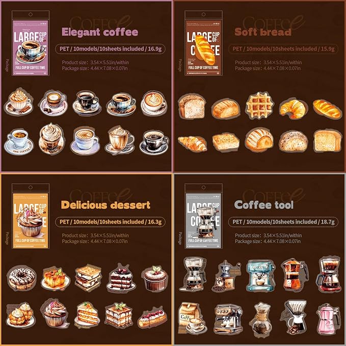 60 Pieces Coffee Themed Vintage Large Size PET Stickers, Elegant Coffee, Soft Bread and Delicious Dessert Designs for Scrapbooking, Journaling, DIY Crafts, and Junk Journal Supplies (6 Pack)