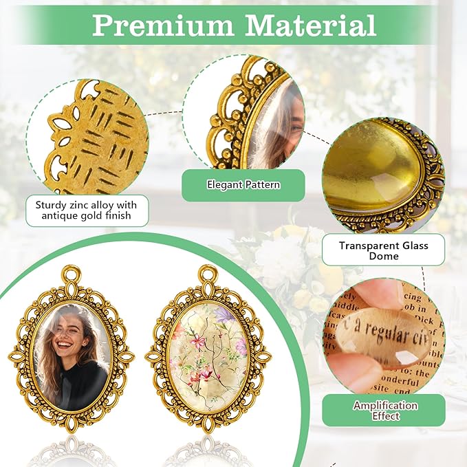 100 Pcs Bezel Pendant Blanks Settings, 50 Oval Pendant Trays Photo Charms with 50 Clear Glass Cabochon for Jewelry Making, DIY Blank Bezels Trays Kit for Crafts, 25x18mm (Antique Gold)