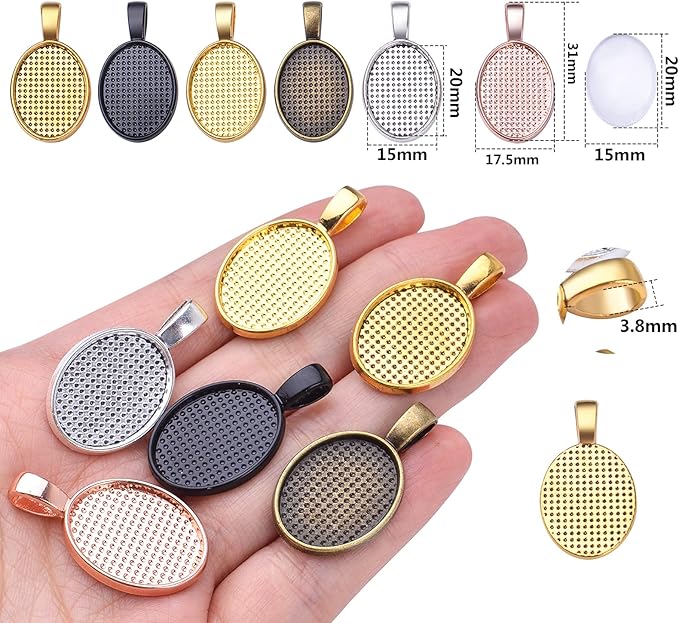 48pcs Bezel Pendant Blanks Set, 24pcs 6 Colors Oval Pendant Trays Bezel Blanks with 24pcs Glass Cabochons Clear Dome Tiles for DIY Bracelet Necklace Jewelry Crafts Making