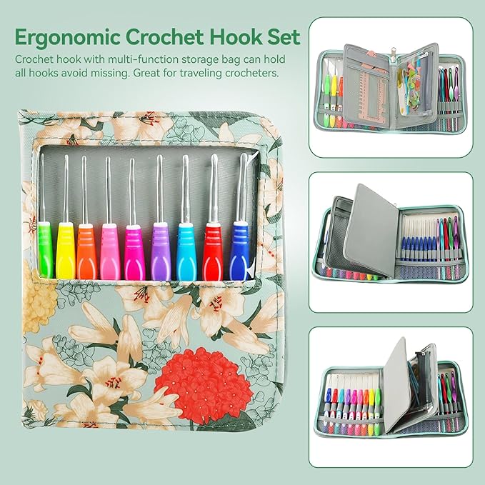 Dasonwin 60-Piece Ergonomic Crochet Hooks Set with Travel Case - Aluminum Crochet Needles Kit for Beginners & Experts, Arthritis-Friendly Design, Includes Stitch Markers & Accessories (Green)