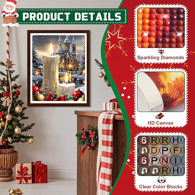 EMIEAUFG Christmas Diamond Art Kits for Adults, Christmas Candle Diamond Paiting Kit for Beginners, 5D DIY Round Full Drill Craft Diamond Dot Gem Art, Home Wall Decor 12" x 16"