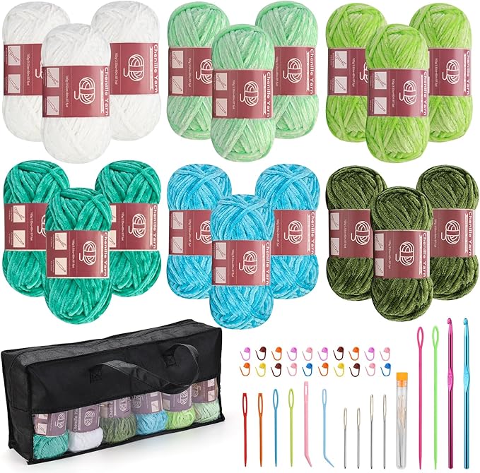 LUNARM 18 Skeins Chenille Yarn for Crocheting, Handmake Weaving Thick Soft Chunky Yarn for Blankets Clothes Crochet Craft with Crochet Hooks Needles Stitch Markers,3.53oz/Skein(Blue Green Series)