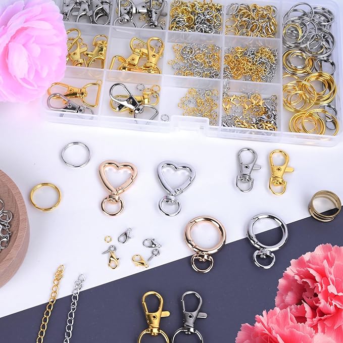 Prdingfy 579PCS Keychain Making Kit, Key Chain Supplies Including Keychain Clip, Key Rings, Lobster Claw Clasps, Jump Rings, Extender Chain,Pliers for Key Chain Making and Jewelry Making(Gold&Silver)