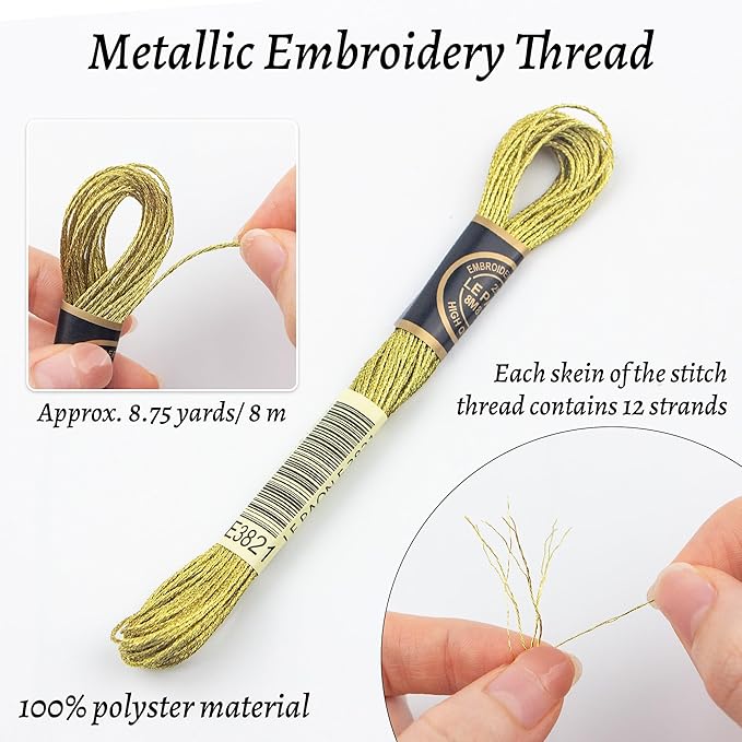 6 Skeins Embroidery Thread, Metallic Light Gold Embroidery Floss Friendship Bracelet String, Polyester Cross-Stitch Threads for Hand Embroidery, String Art