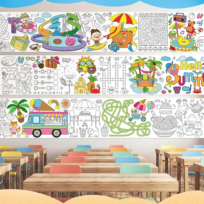 Janlaugh 3 Pack Summer Giant Coloring Posters 9.8ft Large Coloring Sheet Jumbo Motivational Page Tablecloth DIY Drawing Paper Rolls for Adults Summer Party Classroom Craft Team Art Activity