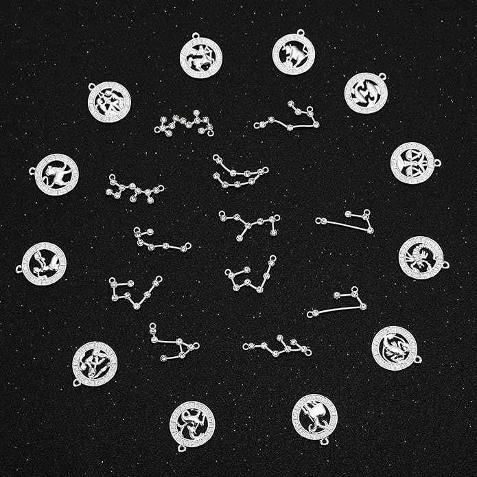 Hicarer 48 Pcs Zodiac Charms Bulk for Jewelry Necklace Bracelet Making, 4 Styles Symbol Name Diamond Alloy Zodiac Pendants Horoscope Sign with Cards