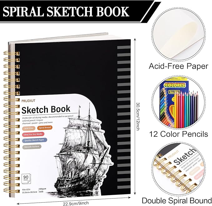 Sketch Book with 12 Color Pencil Set, 90 Sheets Spiral Sketchbook for Drawing (68lb/100gsm), Acid-Free Sketch Pad, Art Paper Drawing Supplies for Artist Gifts Christmas(9×12 inch)