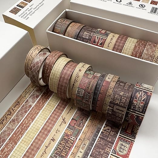 YUBBAEX 10 Rolls Vintage Washi Tape Set Basic Masking Retro Artwork Decorative Tapes for Arts, DIY Crafts, Journals, Planners, Scrapbook, Wrapping (Retro)